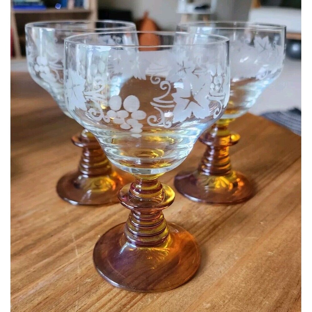 Set 3 Vintage Amber Stem Cocktail Glass Frosted Art Nouveau Edwardian -Rare Sz